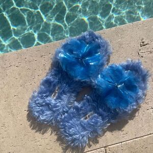 MIU MIU Fuzzy Blue Mohair Slides Sandals